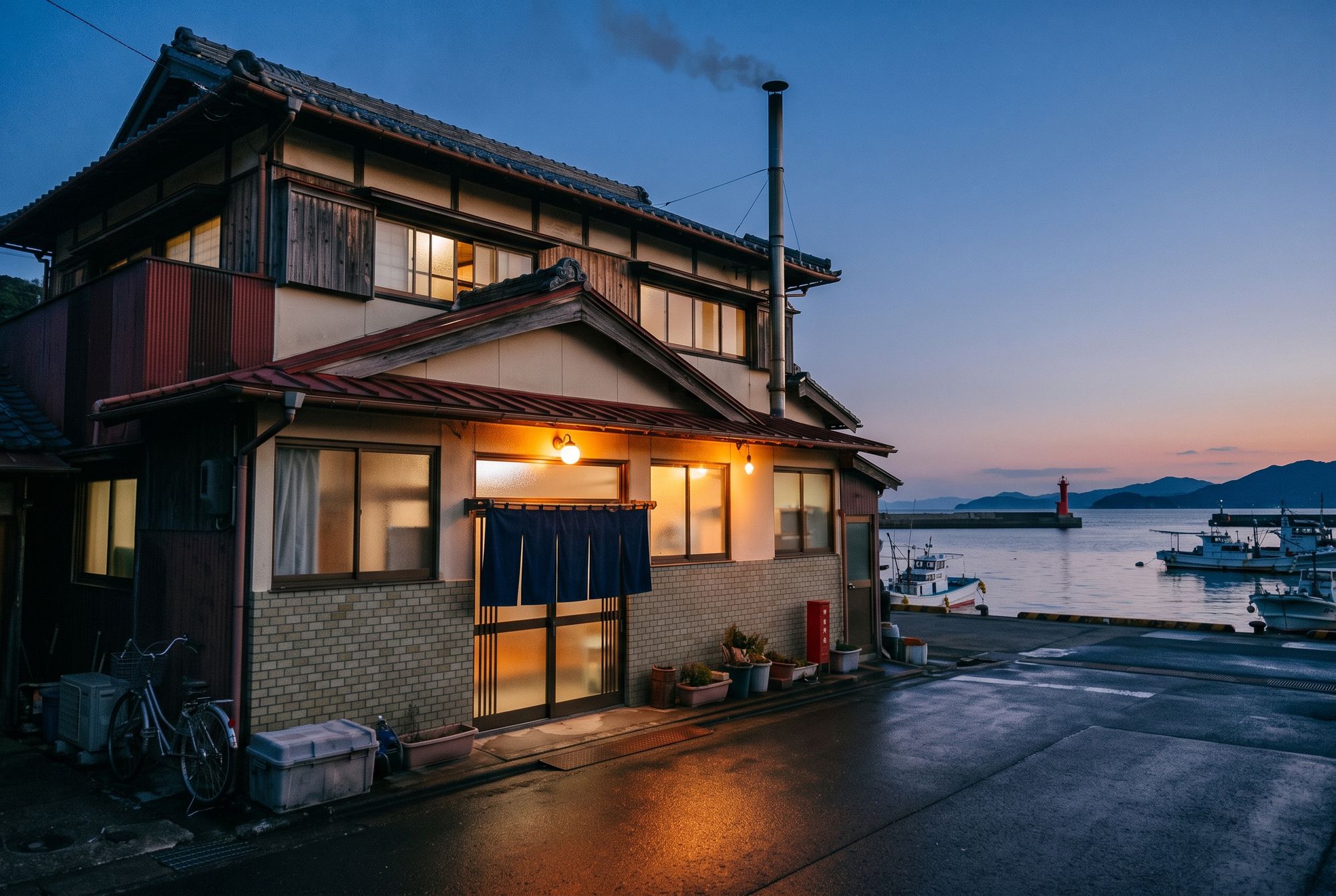 夕暮れの港町に建つ港湯ミナトの外観。紺色ののれんに明かりが灯り、奥に赤い灯台と海が見える