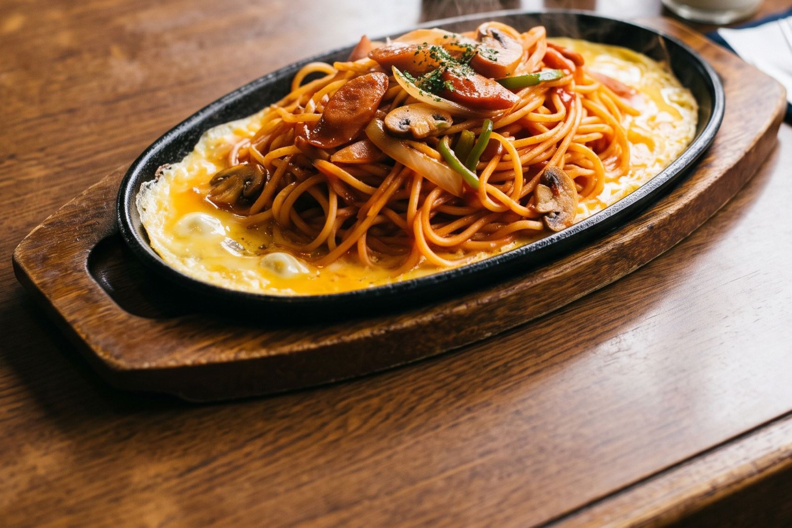 鉄板にのった熱々のナポリタン。溶き卵の上にケチャップ色のスパゲッティとウインナー、玉ねぎ、ピーマン