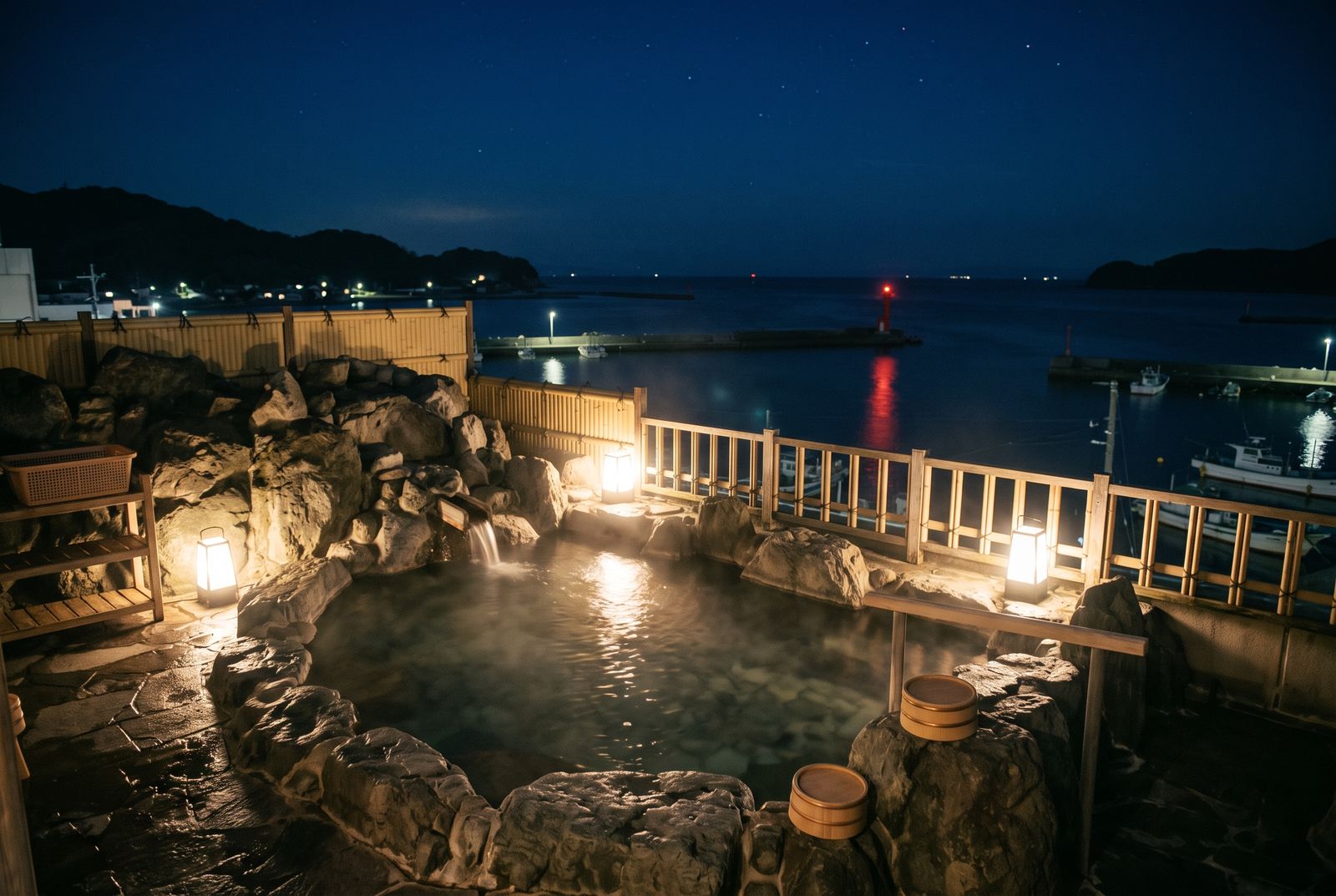 夜の潮風の岩風呂。湯気の立つ岩風呂の向こうに、港の船と赤い灯台の明かりが見える