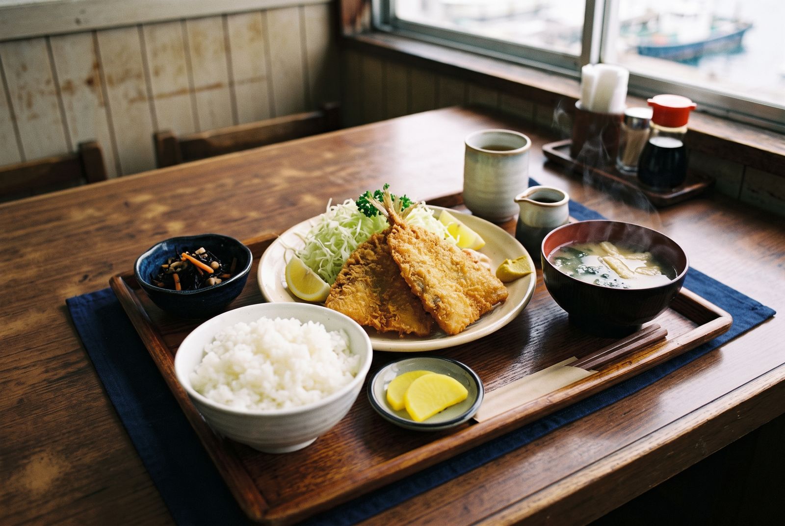 お盆にのったアジフライ定食。アジフライ2枚と千切りキャベツ、ごはん、みそ汁、ひじき煮、たくあん